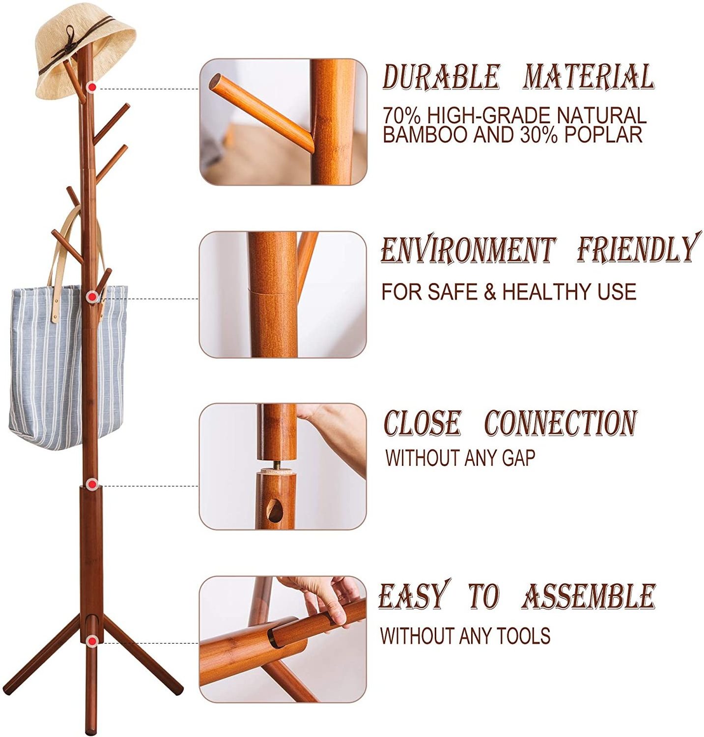 Bamboo Coat Rack Tree with 8 Hooks, 3 Adjustable Sizes Free Standing Bamboo Cloth Rack