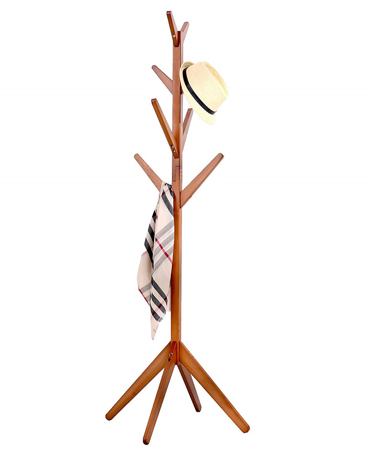 Bamboo Coat Rack Tree with 8 Hooks, 3 Adjustable Sizes Free Standing Bamboo Cloth Rack