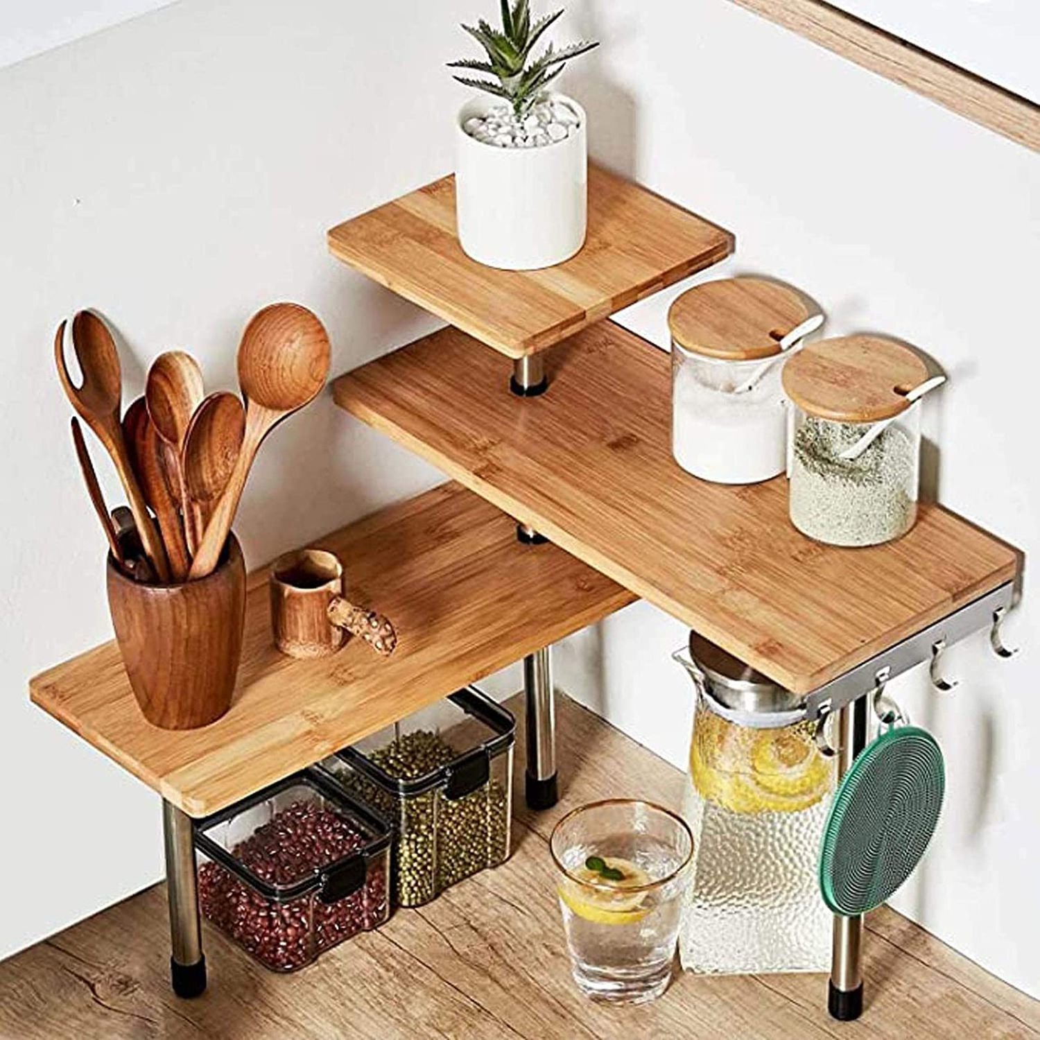 3 Tier Corner Shelf Bamboo & Metal Storage Spice Rack-Desk Bookshelf Display Shelves Space Saving Organizer