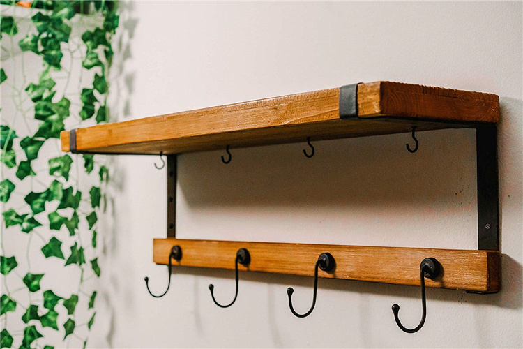 Floating Shelf, Pine Wood Shelf, Wood Wall Mounted Entryway or Office Shelves with 4 Antique Metal Hooks