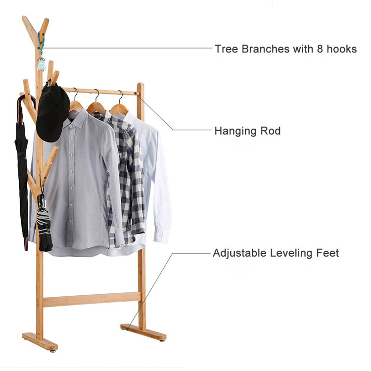 Single Rail Bamboo Garment Coat Rack Stand With 8 Side Hook Tree Stand