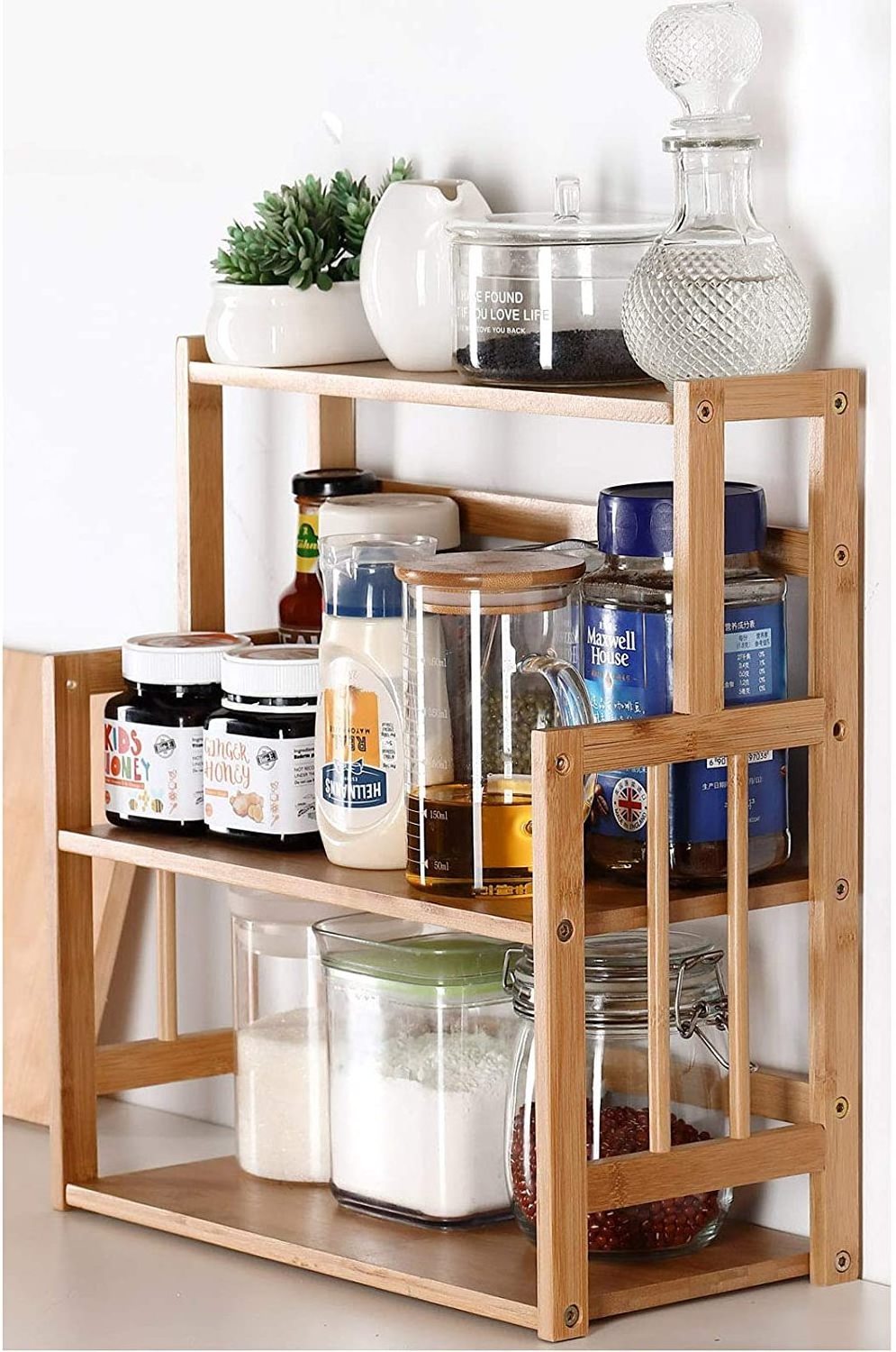 Bamboo Spice Rack Storage Shelves-3 tier Standing Pantry Shelf for kitchen counter storage,Bathroom Countertop Storage Organizer