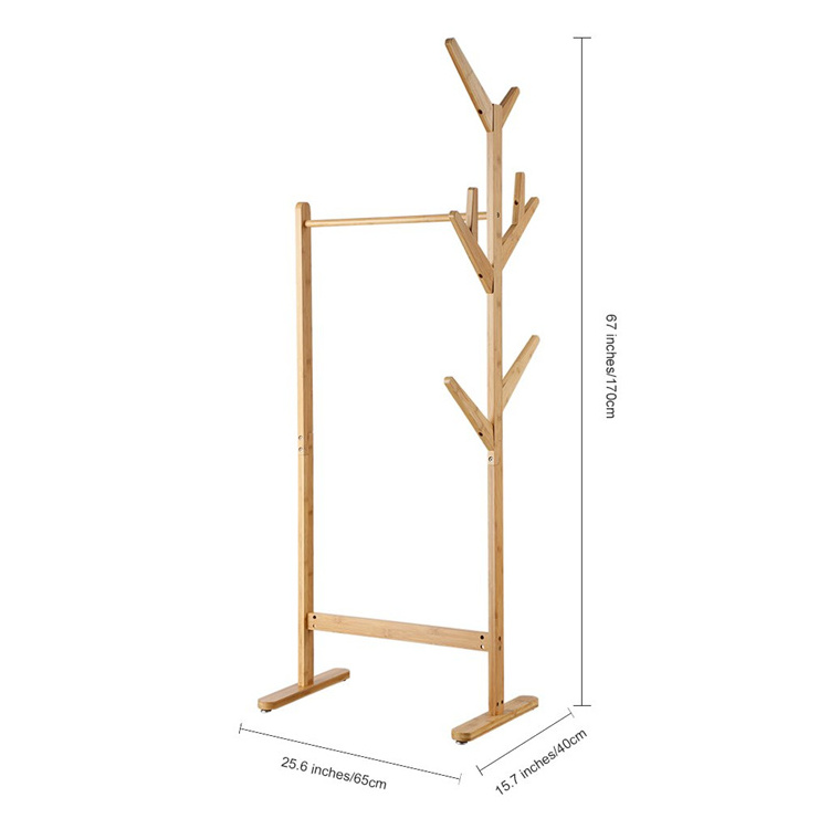 Single Rail Bamboo Garment Coat Rack Stand With 8 Side Hook Tree Stand