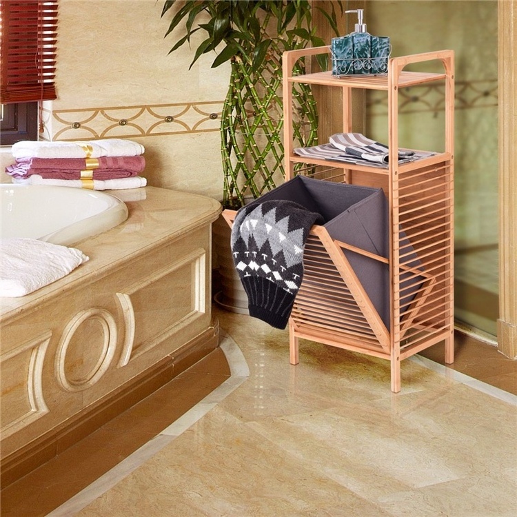 Tilt-Out Bamboo Laundry Hamper with Line Freestanding Clothes Basket, Storage Laundry Shelf for Laundry Living Room Bedroom