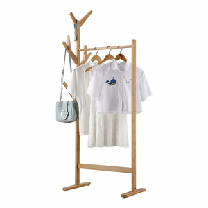 Single Rail Bamboo Garment Coat Rack Stand With 8 Side Hook Tree Stand