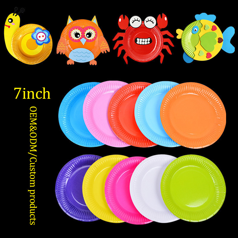 7in Round DIY Disposable Colorful Plate Paper Dish for Dinner Plates Birthday Party Supplies wholesale