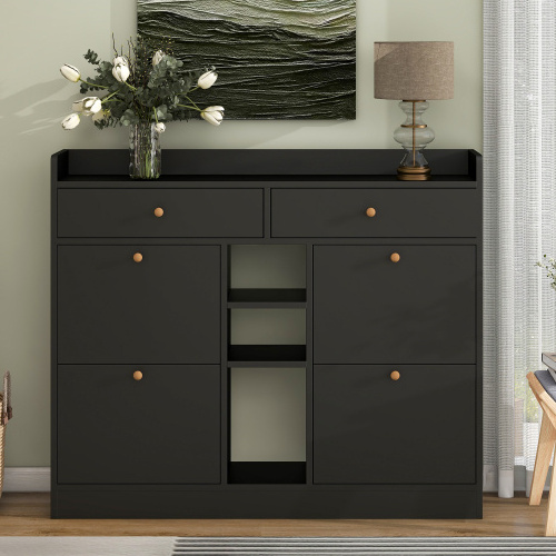 High quality living room furniture in black with 4 flip drawers and multifunctional double layer shoe storage with drawers