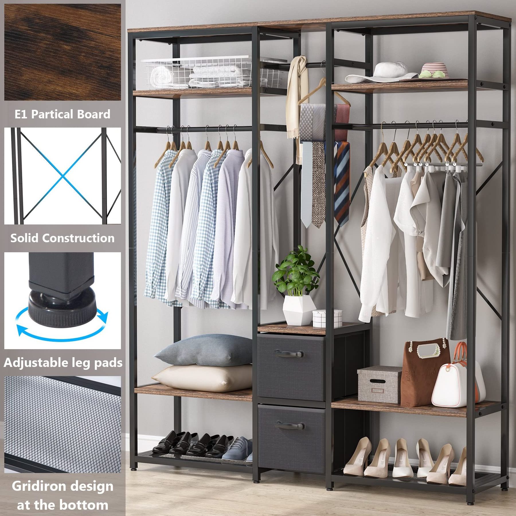 Save Space Design Modern Living Room Furniture Free Standing Steel Wood Coat Rack Open Wardrobe Closet With Hanging Rods &Drawer