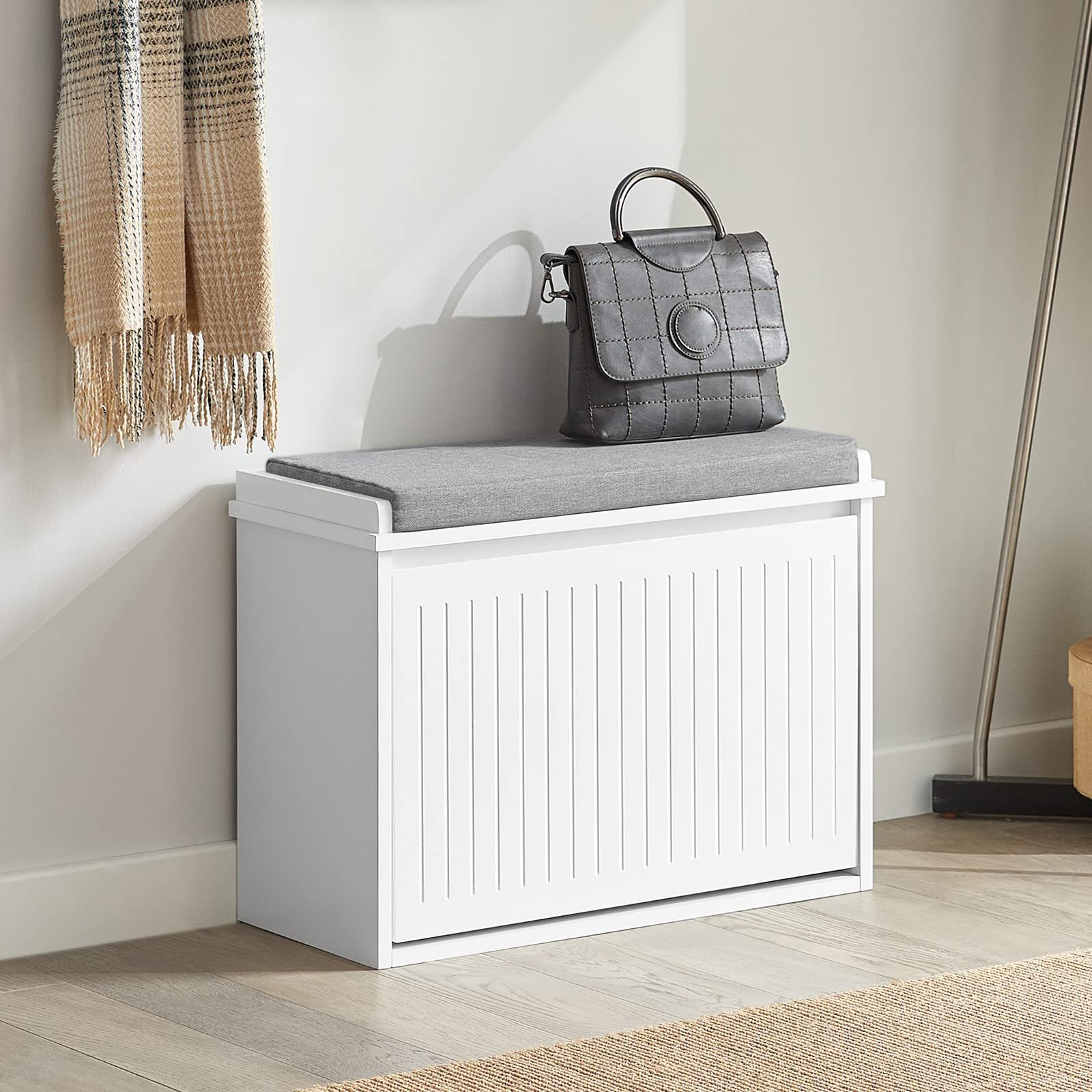 Wholesale White Flip-Drawer Shoe Bench, Storage Bench with Removable Seat Cushion, Ottoman for Entryway and Bedroom