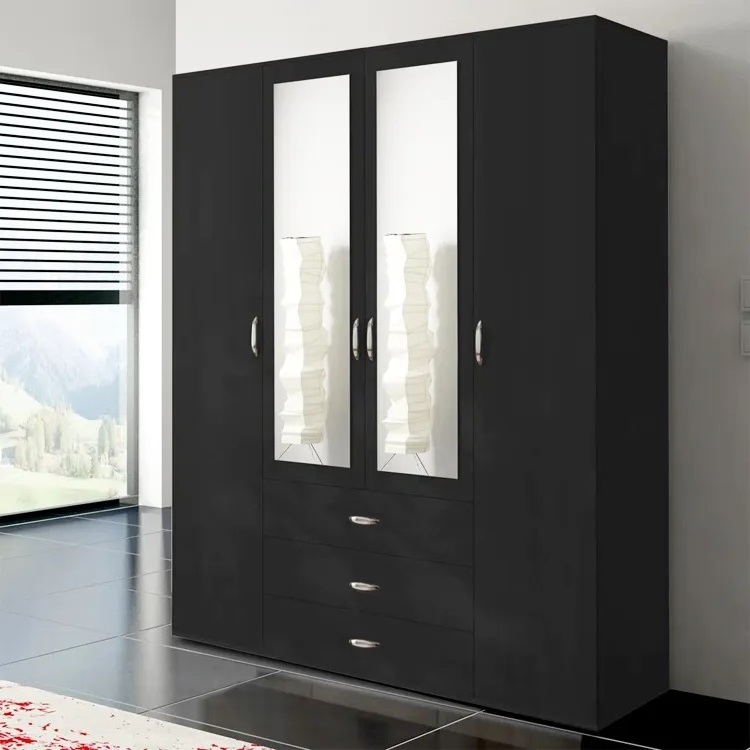 Customized 4 door high end bedroom armoire open storage wardrobe closet with mirror and drawers