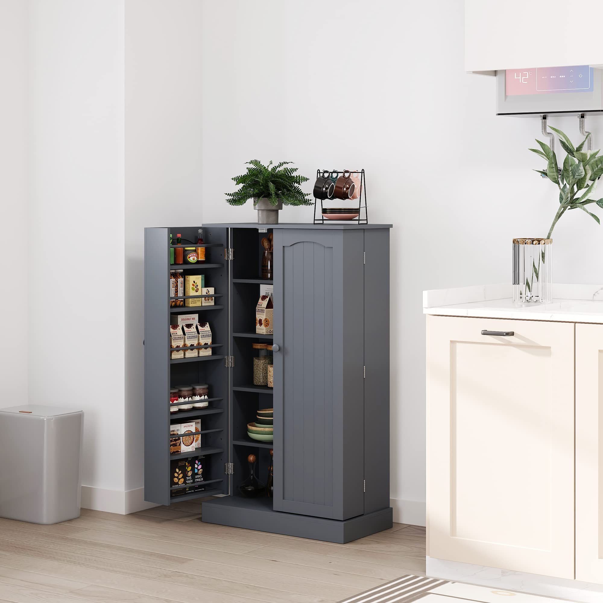 2023 The Best Space Saving Kitchen Pantry Cabinet Storage Cabinet with 6  Wooden Shelves Sideboard Cabinet