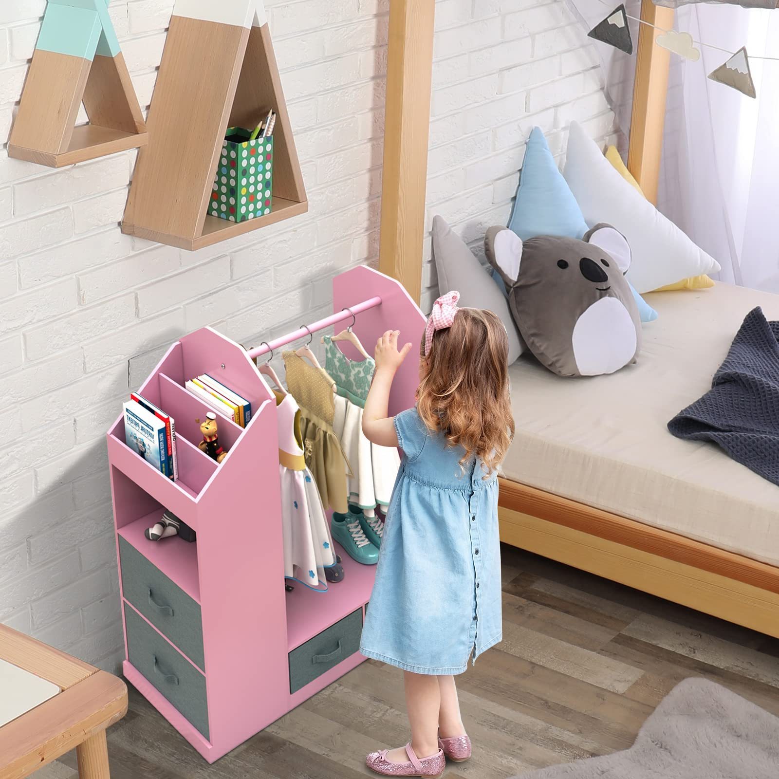 Customized Girl Bedroom Furniture Kids Dress Up Closet With Mirror,  Clothes Storage Kids Dress Up Rack with Four Drawers