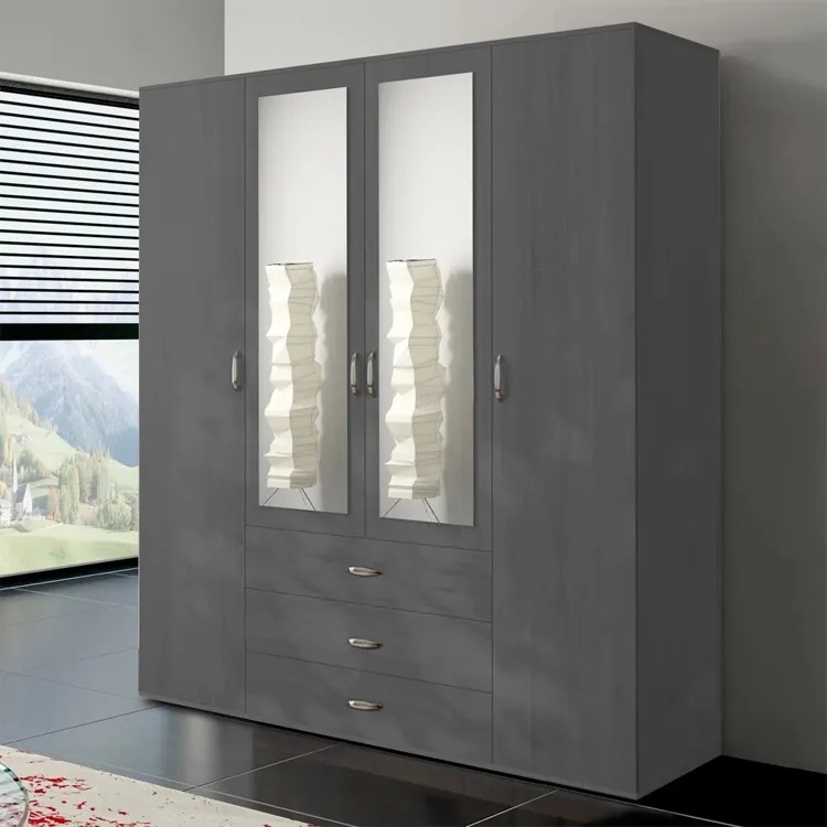 Customized 4 door high end bedroom armoire open storage wardrobe closet with mirror and drawers