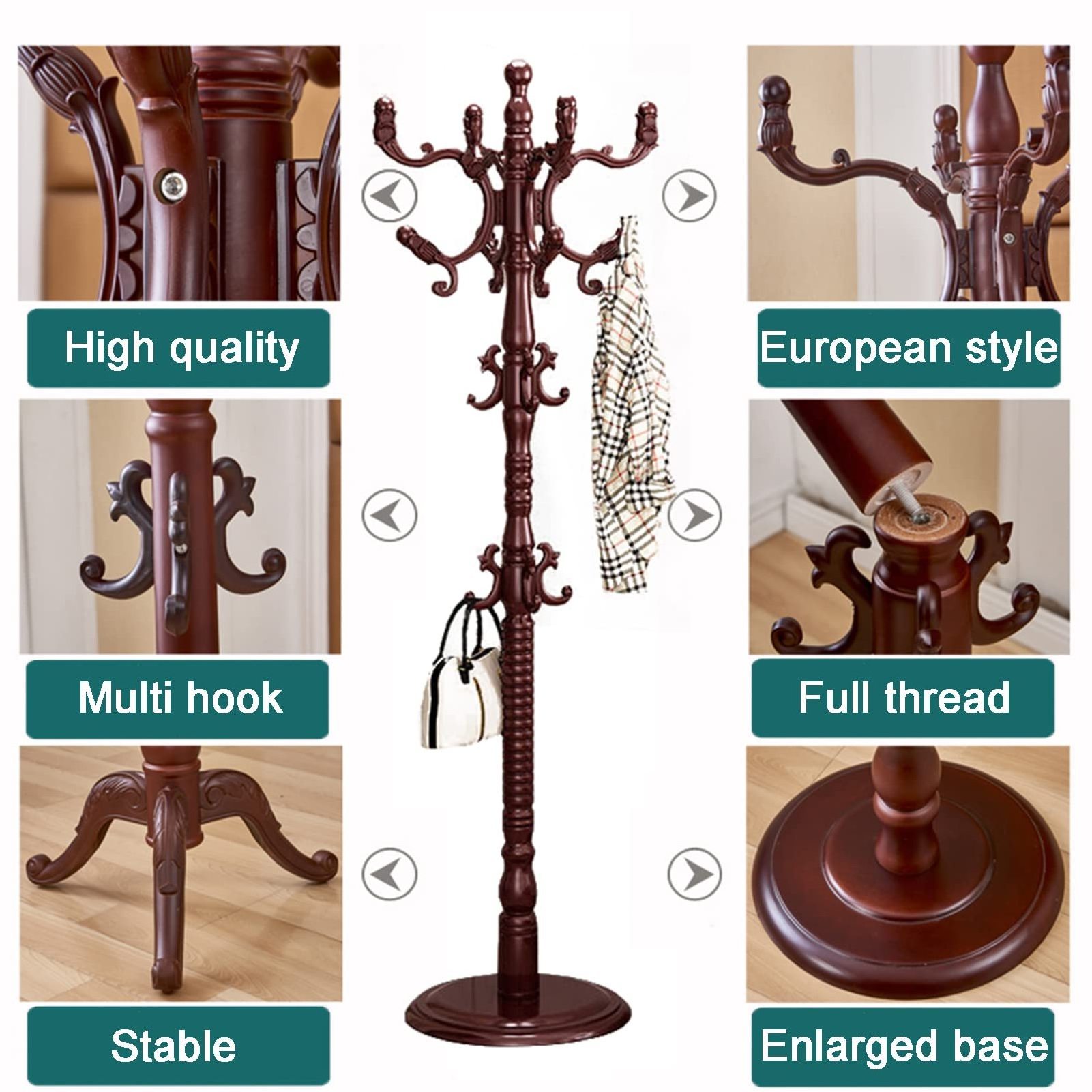 Coat Rack Freestanding Wooden Coat Rack Stand with 14 Hooks Adjustable Floor Tree Coat Hanger for Bedroom Living Room Office Sui