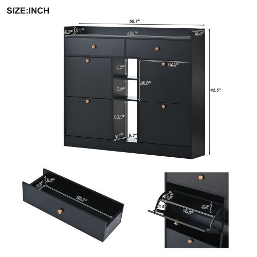 High quality living room furniture in black with 4 flip drawers and multifunctional double layer shoe storage with drawers