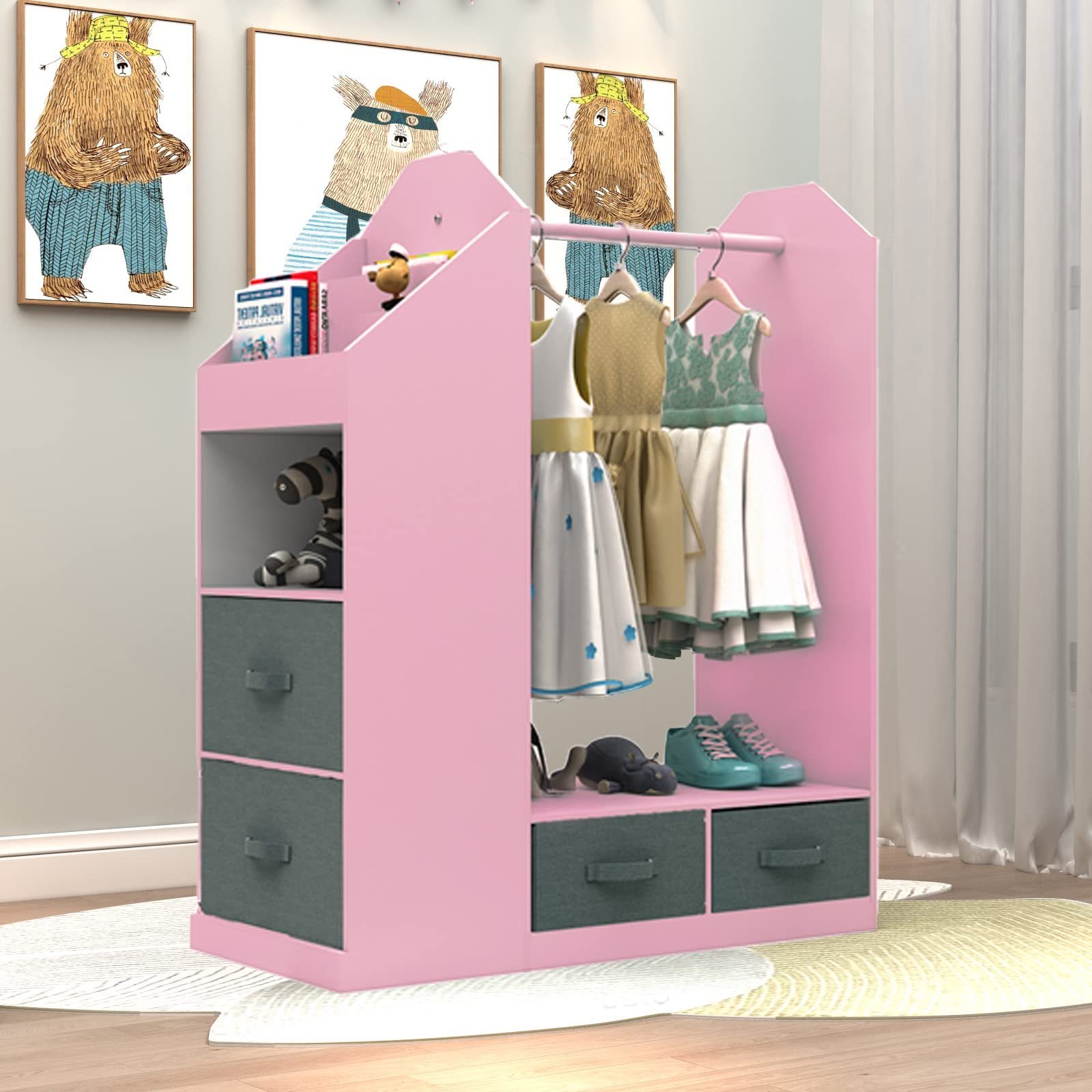 Customized Girl Bedroom Furniture Kids Dress Up Closet With Mirror,  Clothes Storage Kids Dress Up Rack with Four Drawers