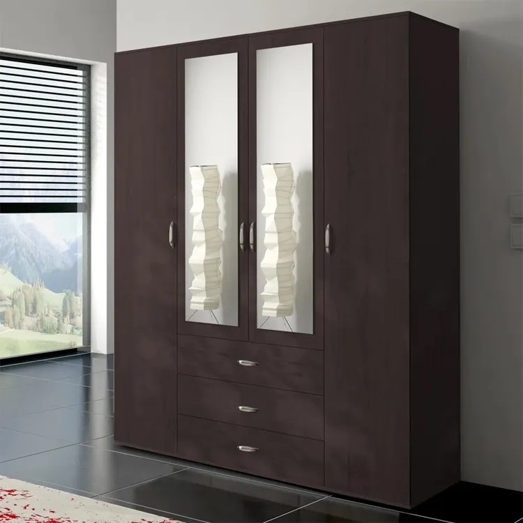 Customized 4 door high end bedroom armoire open storage wardrobe closet with mirror and drawers