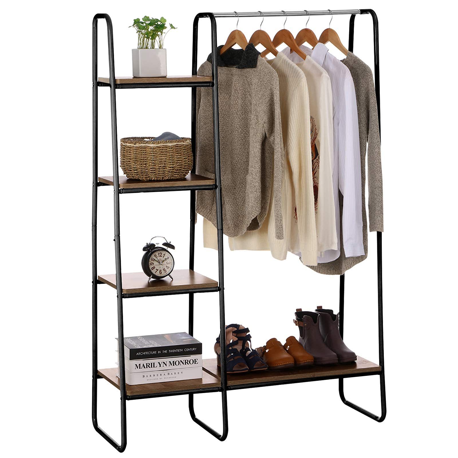 Versatile Home Furniture Living Room Sofa Freestanding Closet Racks Garment Rack With Metal Hanger Rod And 4-Tier Wood Shelves