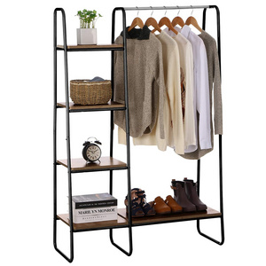 Versatile Home Furniture Living Room Sofa Freestanding Closet Racks Garment Rack With Metal Hanger Rod And 4-Tier Wood Shelves