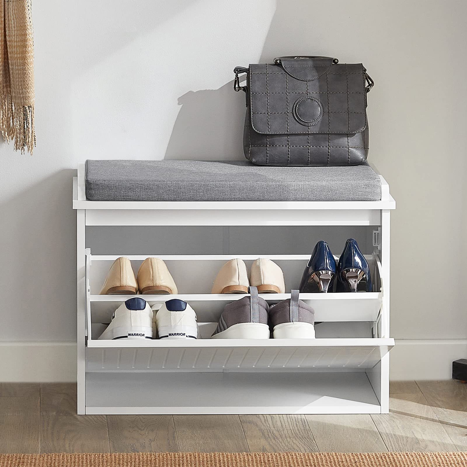 Wholesale White Flip-Drawer Shoe Bench, Storage Bench with Removable Seat Cushion, Ottoman for Entryway and Bedroom