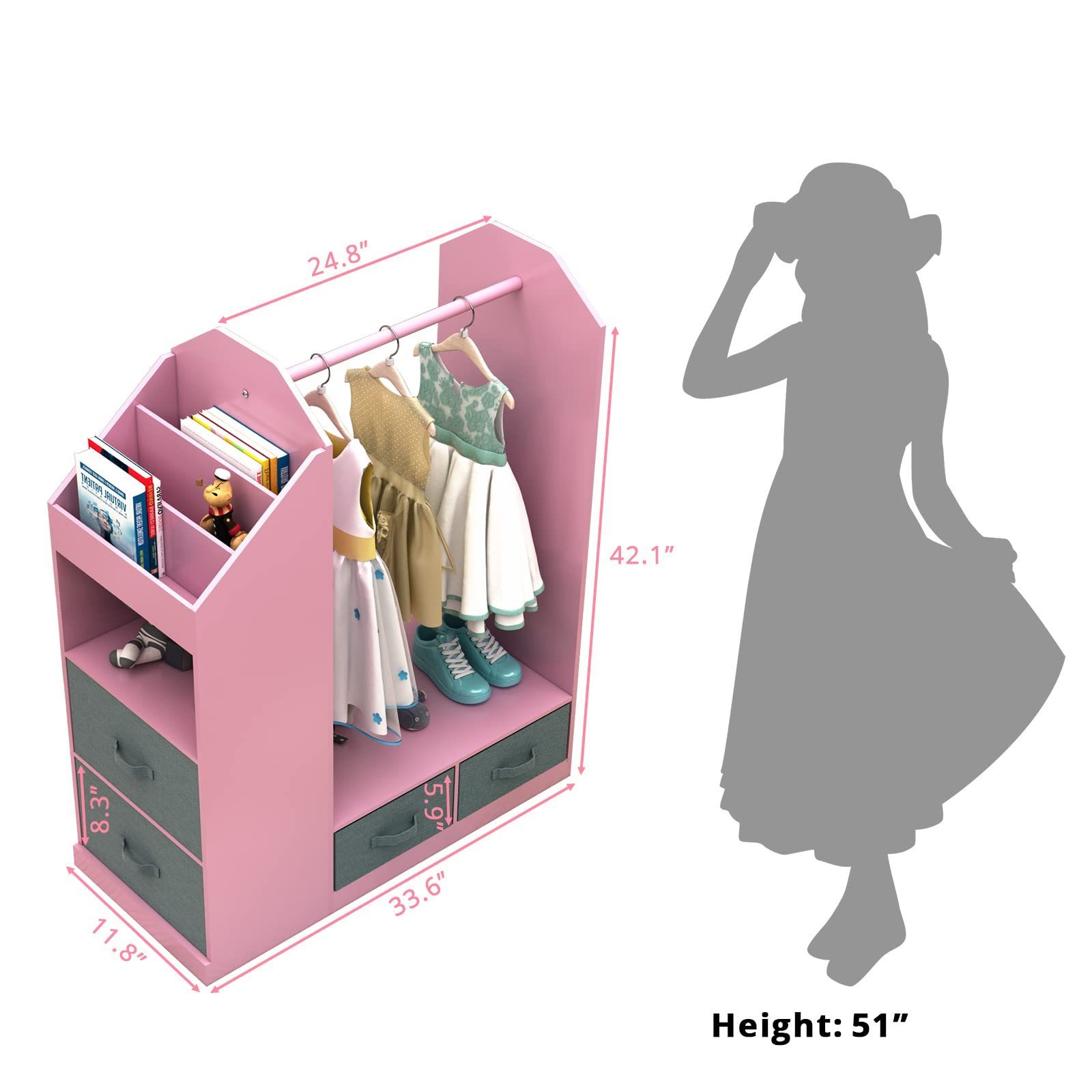 Customized Girl Bedroom Furniture Kids Dress Up Closet With Mirror,  Clothes Storage Kids Dress Up Rack with Four Drawers