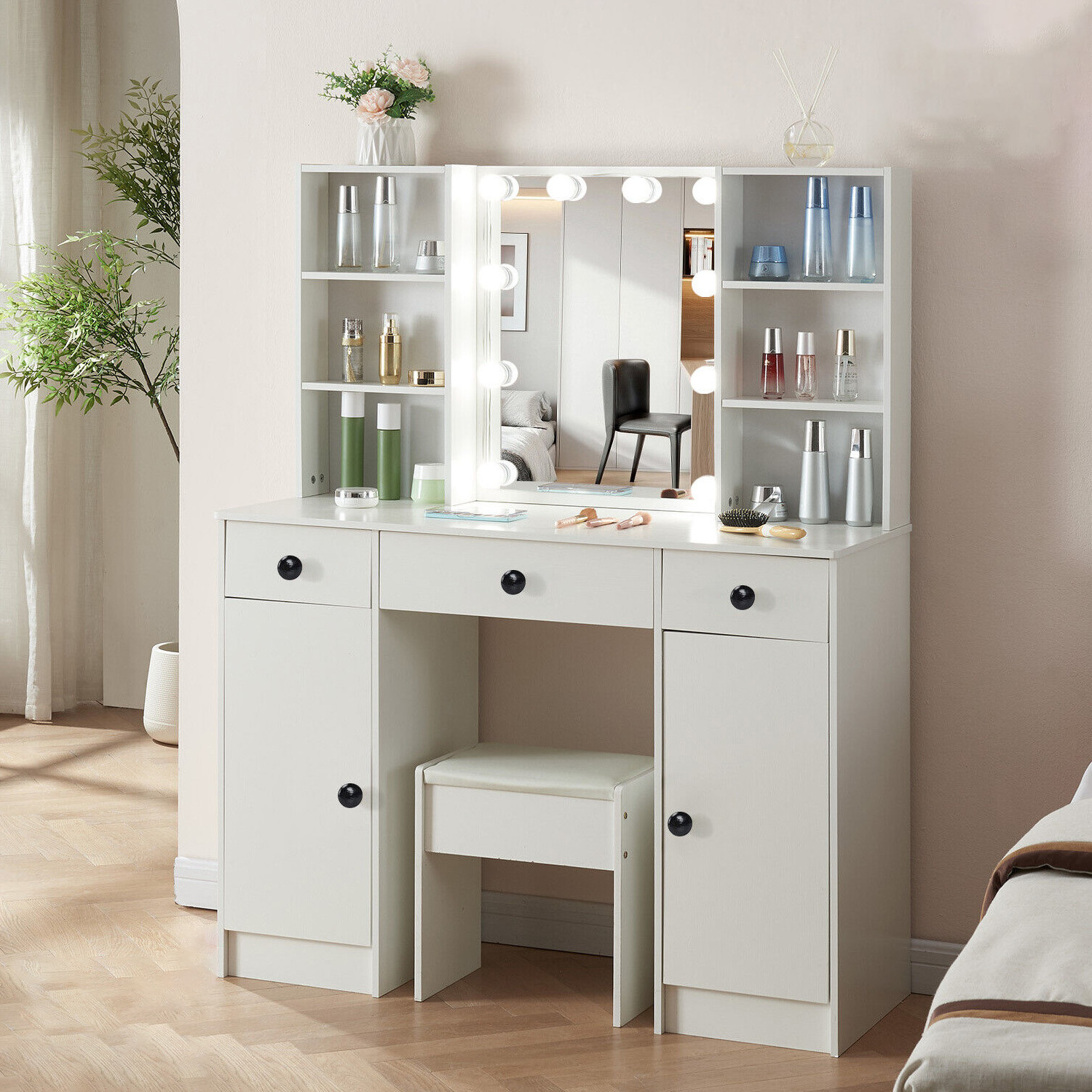 High Quality Bedroom Furniture Set 10 LED Lights Makeup Vanity Desk Dressing Table Lighting Mirror Bedroom Dresser With Drawers