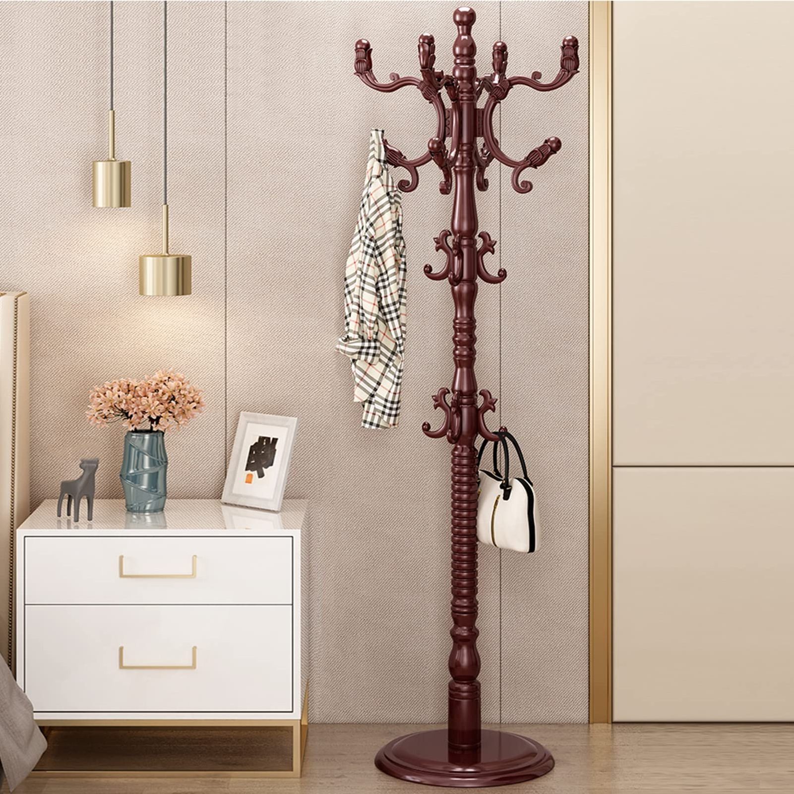 Coat Rack Freestanding Wooden Coat Rack Stand with 14 Hooks Adjustable Floor Tree Coat Hanger for Bedroom Living Room Office Sui