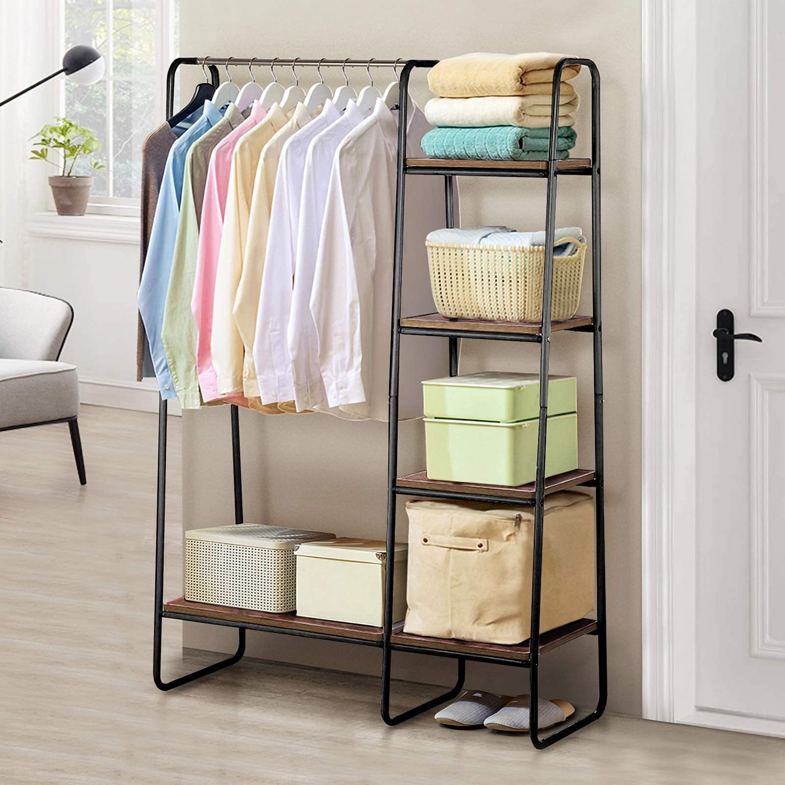 Versatile Home Furniture Living Room Sofa Freestanding Closet Racks Garment Rack With Metal Hanger Rod And 4-Tier Wood Shelves