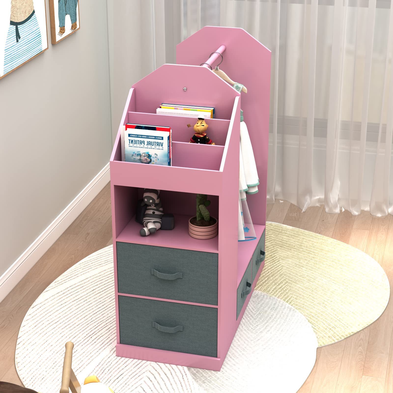 Customized Girl Bedroom Furniture Kids Dress Up Closet With Mirror,  Clothes Storage Kids Dress Up Rack with Four Drawers