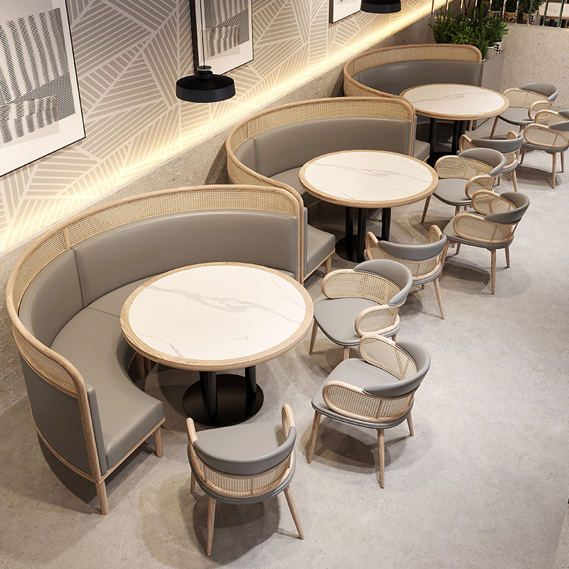 Solid wood rattan restaurant tables and chairs couch for coffee shop cafeteria Customize leather booth seat for hotel bar