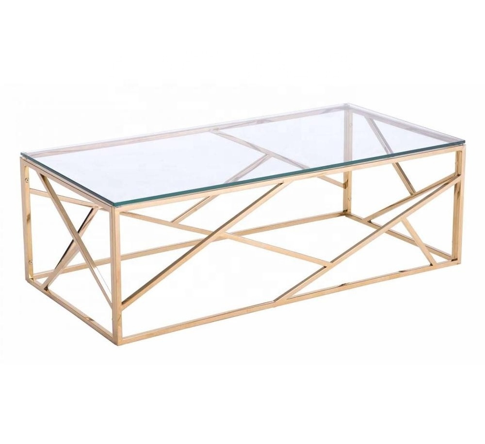 Hot Sale Rectangular Coffee Table Rose Gold Stainless Steel Tempered Glass Center Table for Home Hotel