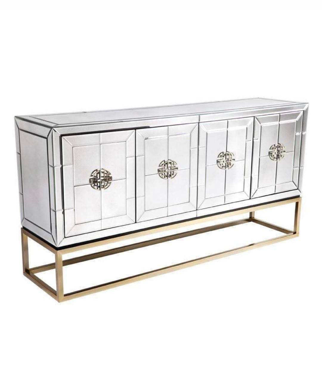 Gold Stainless Steel Base Long Mirrored Buffet Living Room  Furniture 4 Doors Cabinet Big Console Table