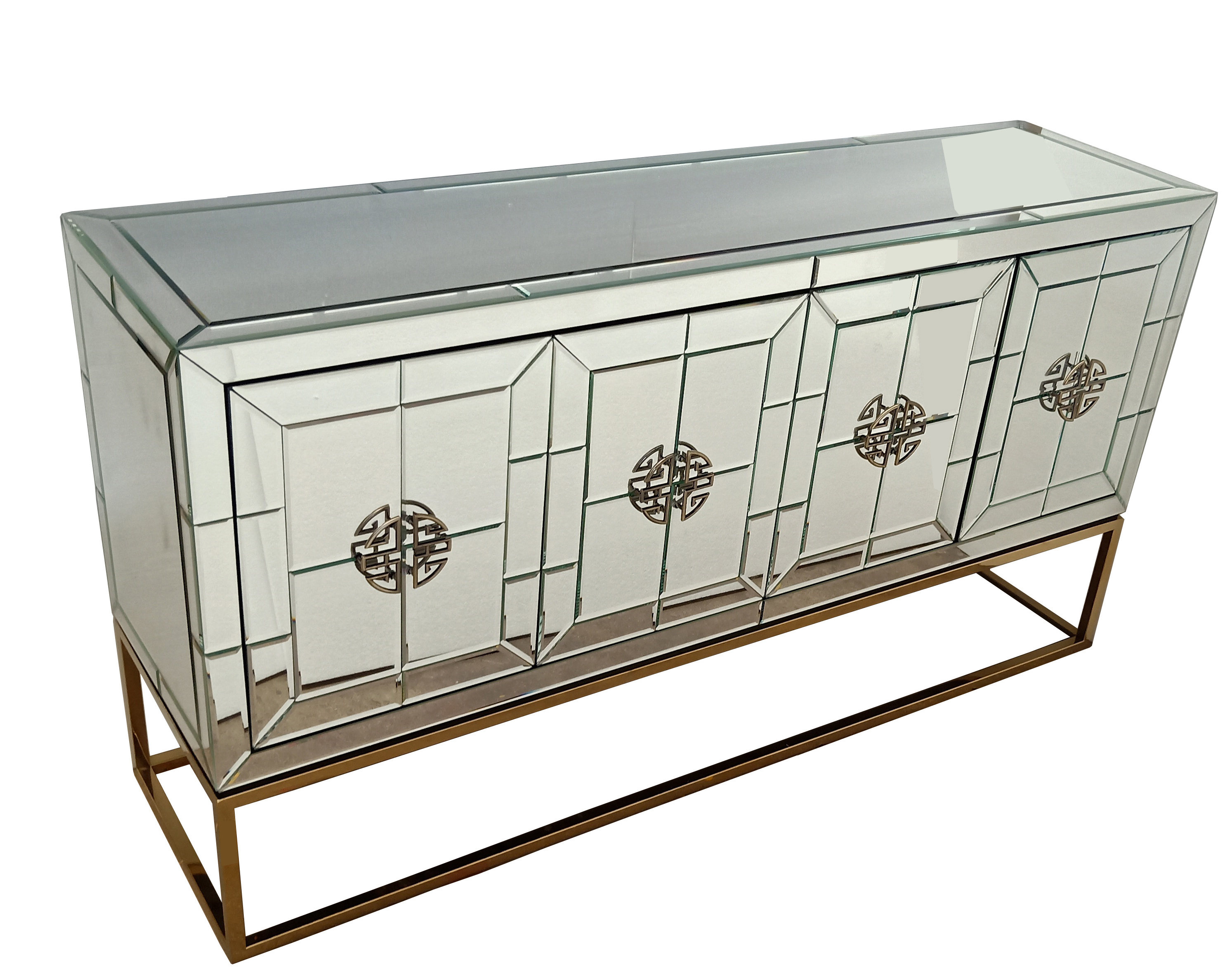 Gold Stainless Steel Base Long Mirrored Buffet Living Room  Furniture 4 Doors Cabinet Big Console Table