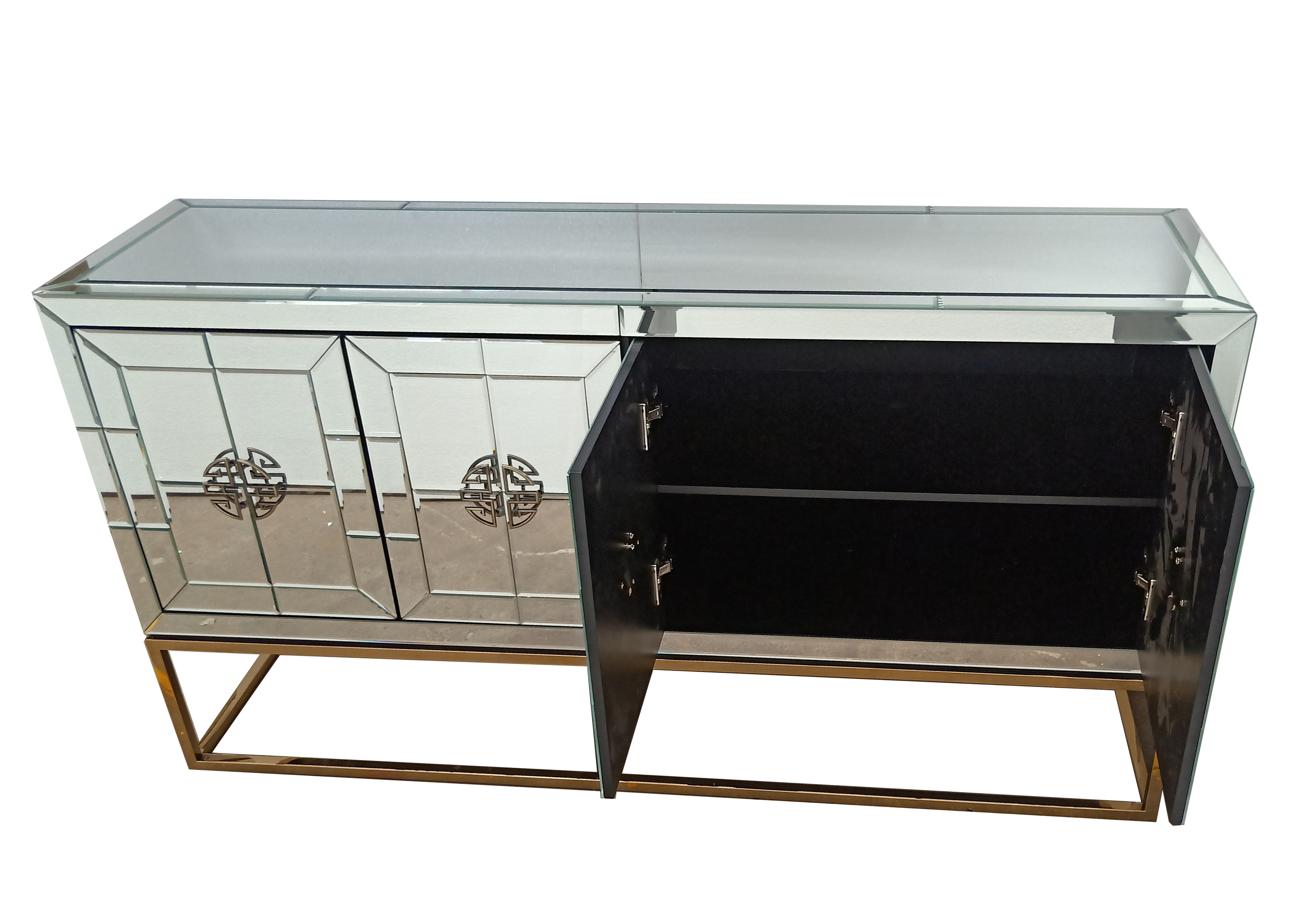 Gold Stainless Steel Base Long Mirrored Buffet Living Room  Furniture 4 Doors Cabinet Big Console Table