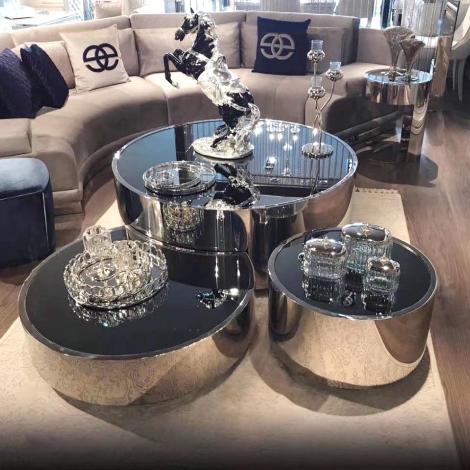 Hot Selling  Living Room Furniture Center Table Sets  Round Sliver or Gold Stainless Steel Luxury Mirrored Three Coffee Table