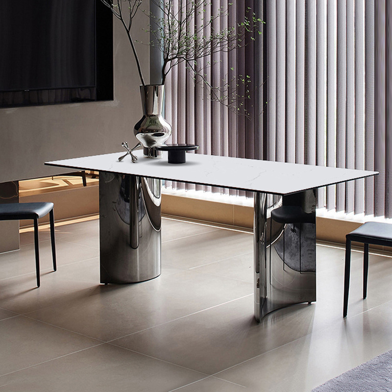 2023 Hot Sales Italian simple design luxury rock plate dining table stainless steel mirror stone plate rectangular dining table