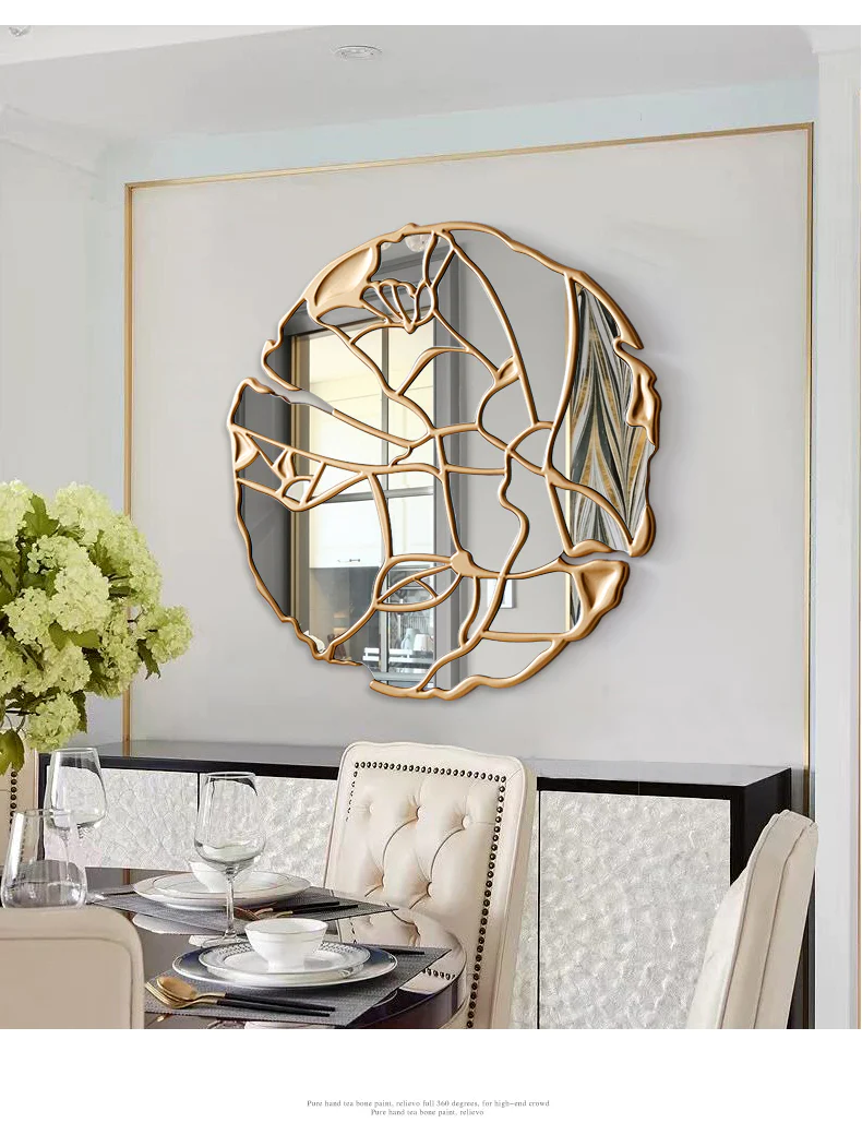 New Designed Modern Luxury Gold Leaf Wall Mirror Decorations Living Room Round Wall Mounted 5 Star Hotel Wall Mirror For Sale