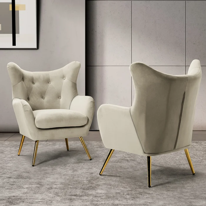 Modern Gold Stainless Steel Wide Tufted Velvet Wingback Chair Velvet Button Tufted Armchair Accent Leisure Chair