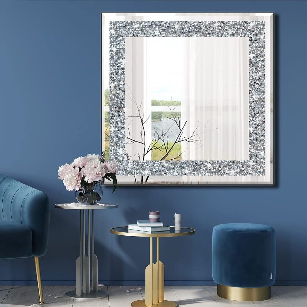 Modern Luxury Crystal Crush Diamond Sparkly Square Silver Mirror for Wall Decoration for Home Dining or Bathroom