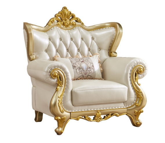 European Leather Sectional Sofa Solid Wood Carved Champagne Gold Living Room Luxury L-shaped Sofa  For Home Villa