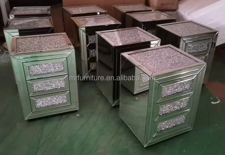 Bedroom Furniture 3 Drawer Bedside Table Silver Mirror Crushed Diamond Nightstand for Home Hotel