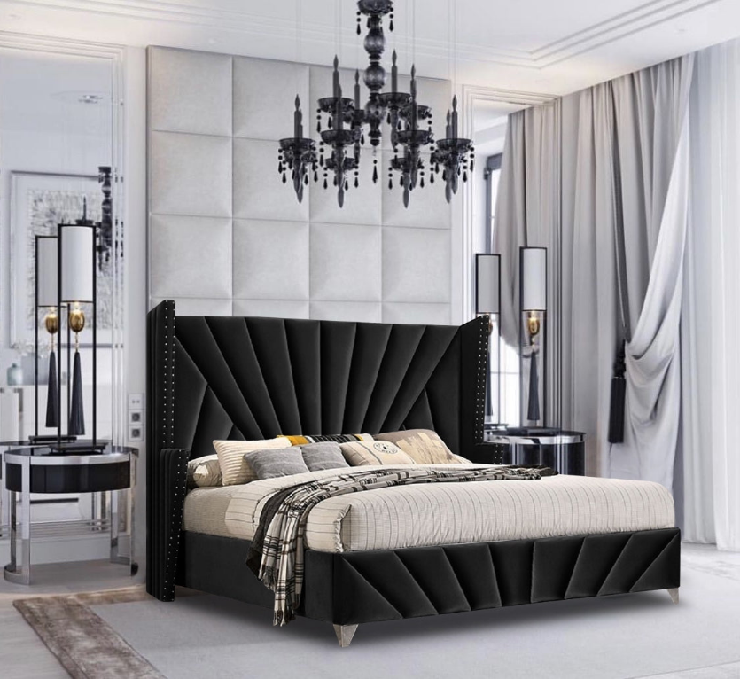 Hotel Use Silver Stud King Size Headboard Premium Super With Winged Bed Frame Black Velvet Bed