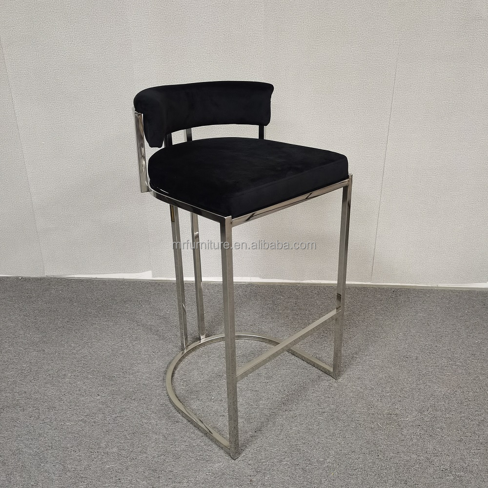 Modern Luxury Kitchen Restaurant Used Stainless Steel Black Velvet High Bar Stools Commercial Bar Chair for Cafe Bar Shop