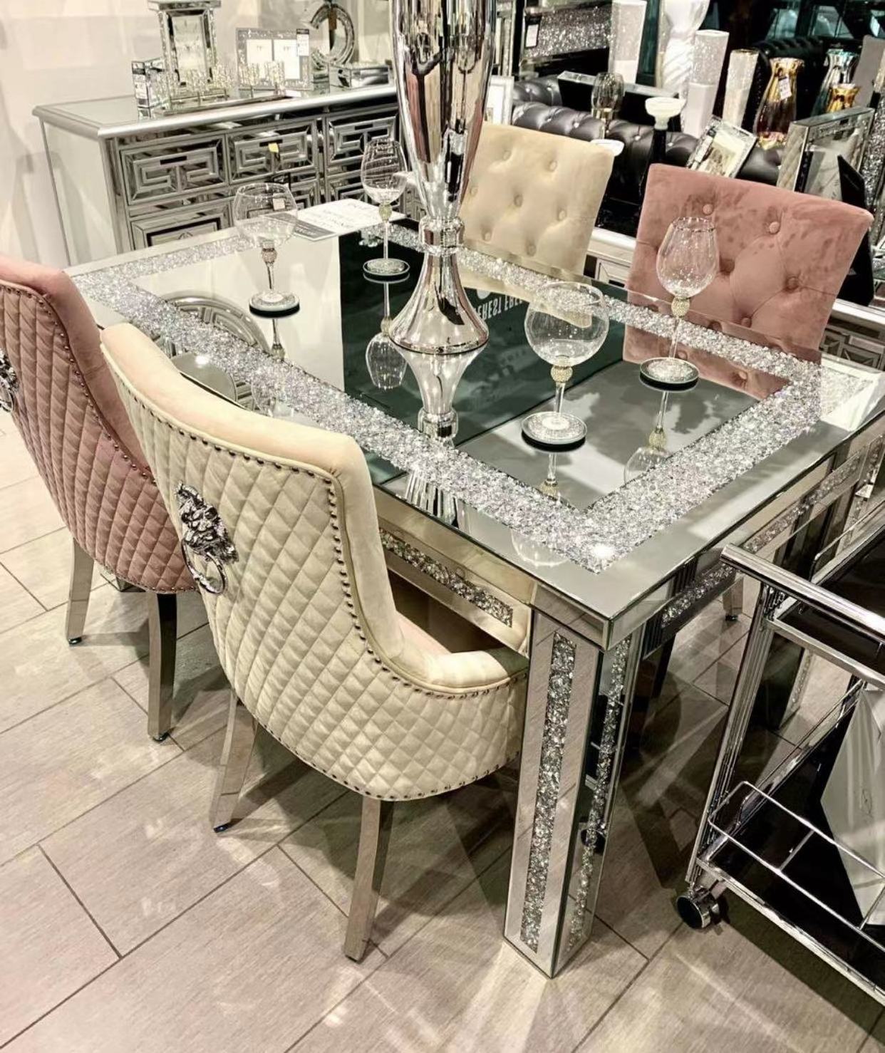 Hot Selling Sparkly Silver Mirrored Dining Table Crushed Diamond Top 4 Legs dining room furniture