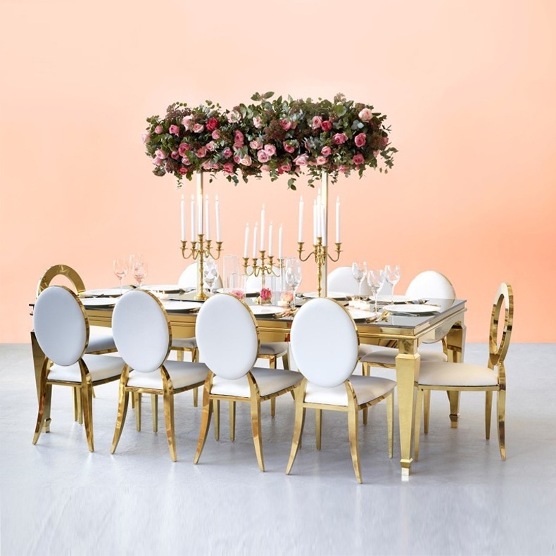 Hot Sales Wedding Party Gold Stainless Steel Dining Chair Round Back Wedding Stacked Chair Matching Table