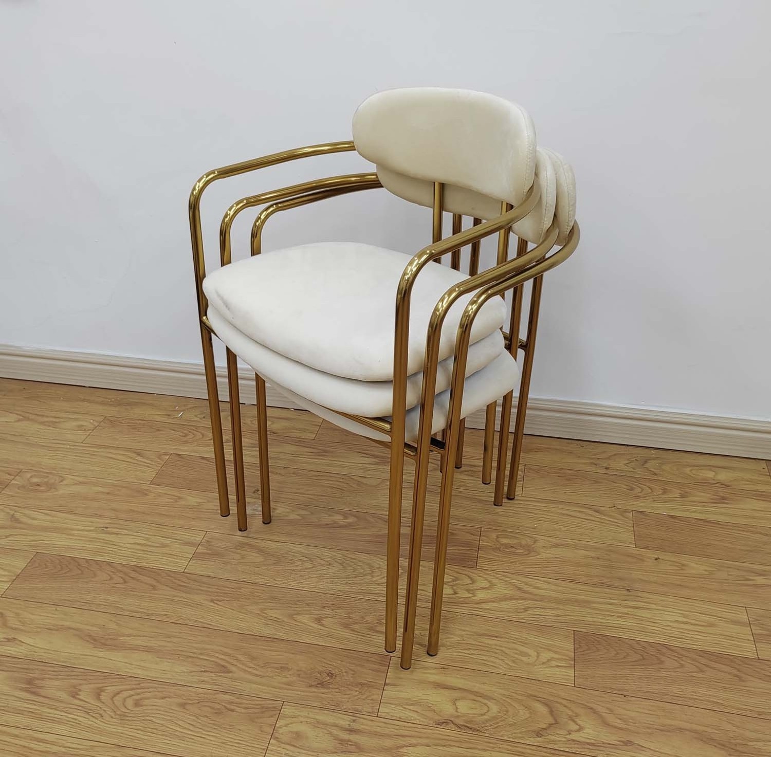 Stackable Modern Stainless Steel Brass Gold Restaurant Chair Ivory White Velvet Dining Chair Event Wedding Rent Chair