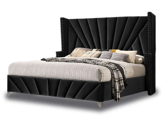 Hotel Use Silver Stud King Size Headboard Premium Super With Winged Bed Frame Black Velvet Bed