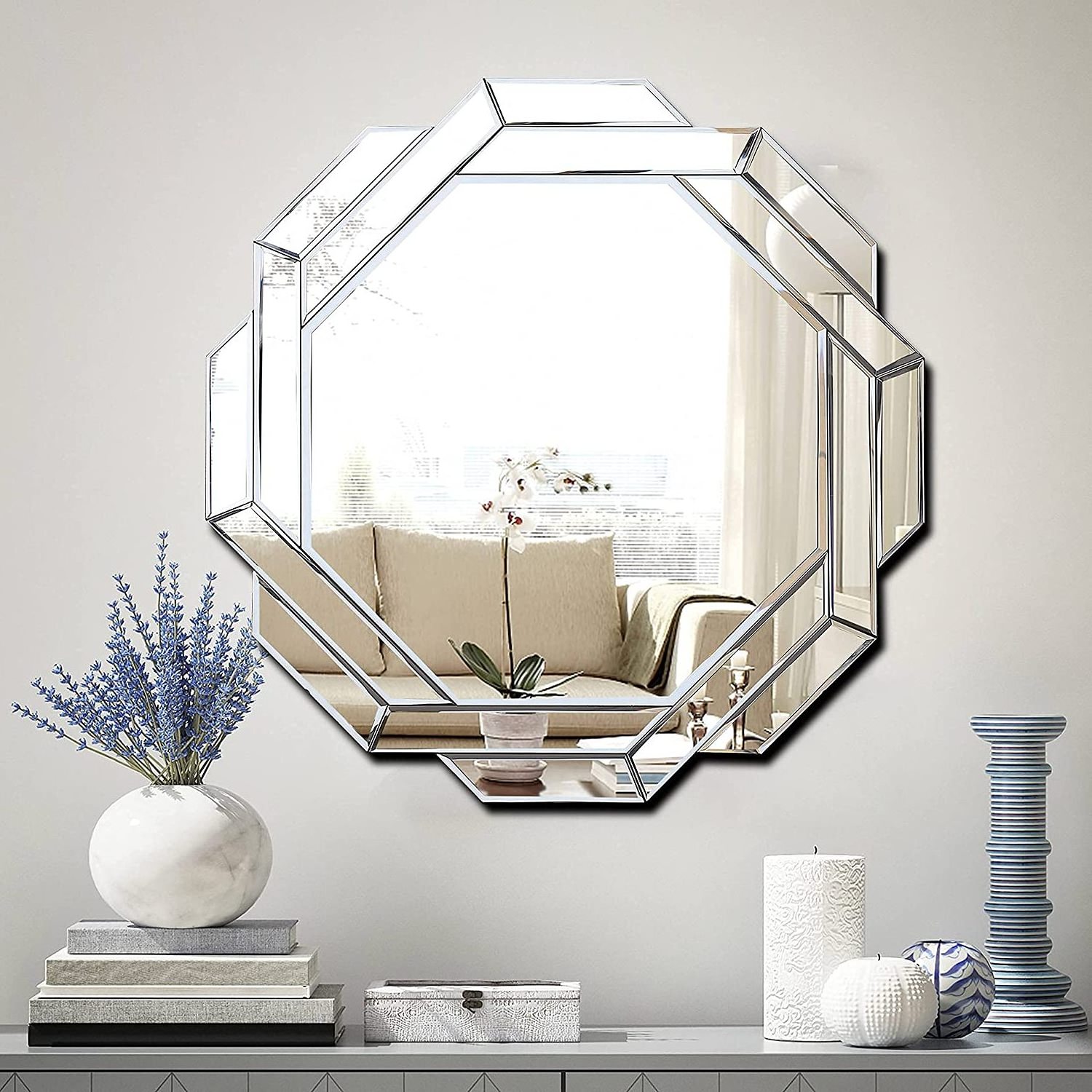 Frameless Beveled Wall Decor Hanging Mirror Silver Polished Hexagonal Wall Mirror for Living Room Bohemian Wall Decor