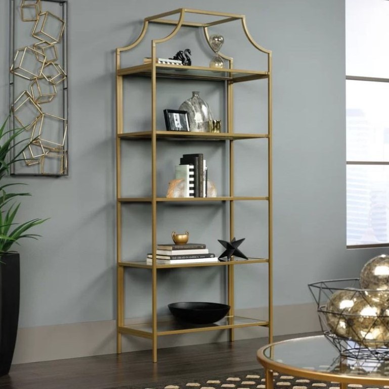 5-Shelf Glass Free Standing Storage Display Shelves Stainless Steel Golden Frame Book Shelf For Home Shop