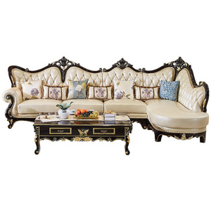 European Leather Sectional Sofa Solid Wood Carved Champagne Gold Living Room Luxury L-shaped Sofa  For Home Villa